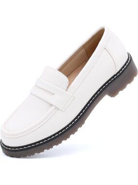 🆕Women's Suede White Chunky Loafers Platform Comfortable Slip-On Dressy